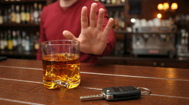 Man refusing drink at bar, cautioning against drunk driving with car keys and whiskey background