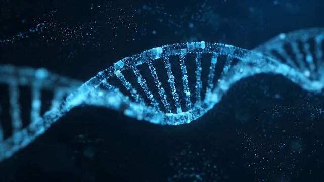 Abstract dna helix structure with glowing blue particles on a dark digital landscape