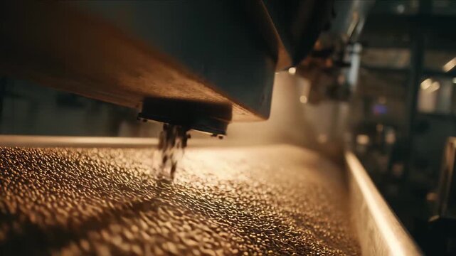 Coffee beans undergoing the roasting process on a conveyor belt, moving through industrial machinery in a modern processing facility, highlighting food production and manufacturing