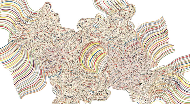 Complex abstract organic shape composed of many thin multi colored contour lines floating on a clean white background for artistic design.