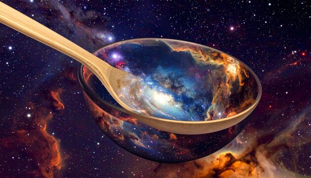 A Giant Wooden Spoon Stirring a Vibrant Galaxy Within a Cosmic Bowl Against a Starry Night Sky