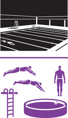 Fototapeta premium Swimming pool and swimmer vector icons set with diving silhouettes and aquatic sports elements for fitness and competition design