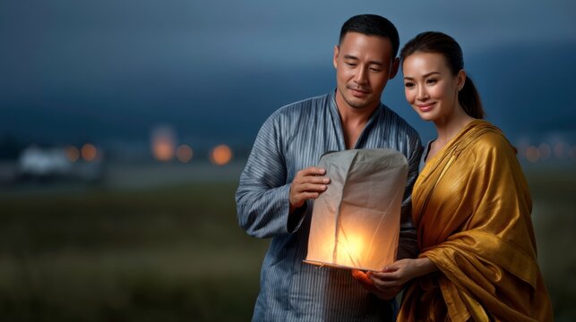 Romantic lantern release by couple outdoor evening photography serene landscape intimate moment