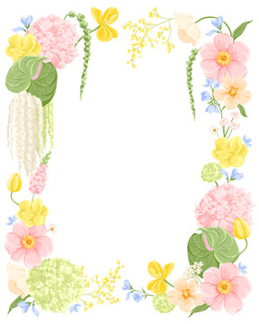 Vector Floral Frame with Peony, Tulip, Hydrangea, Anthurium Flowers