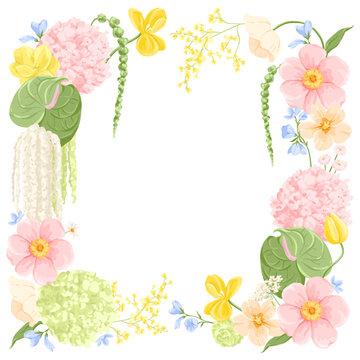 Vector Square Floral Frame with Peony, Tulip, Hydrangea, Anthurium Flowers