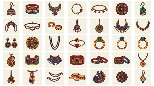 Traditional Indian Jewelry Set: Earrings, Necklaces, Rings, Bracelets, and Other Adornments.