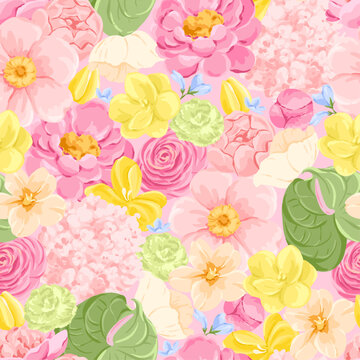 Seamless Floral Pattern with Romantic Flowers, Peony, Tulip, Anthurium, Hydrangea