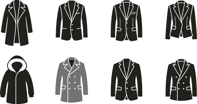 Collection of professional men and women formal outerwear icons including blazers suits and winter jackets flat design