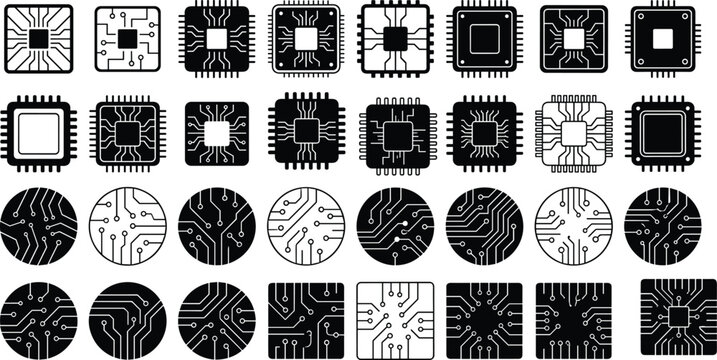 Collection of microchip processor and printed circuit board electronic icons for technology hardware and computing design projects