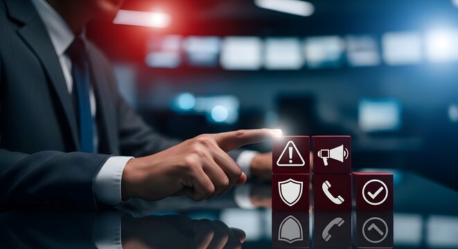 Corporate executive touches a red warning block, symbolizing emergency crisis management and high security alert systems.