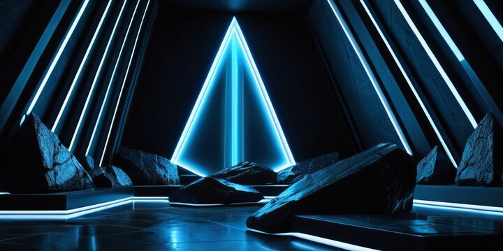 Modern geometric architectural art, dynamic interior environment with spatial variation, enhanced with smooth dark, in black tones
