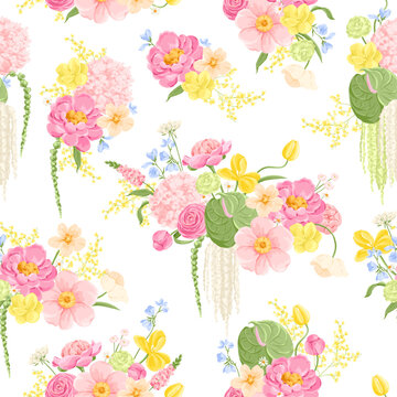 Seamless Floral pattern with beautiful bouquets of peonies, hydrangeas, tulips, anthuriums