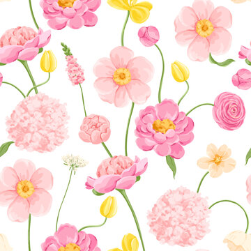 Vector Floral Seamless Pattern Featuring Pink Peonies, Yellow Tulips, Snapdragon