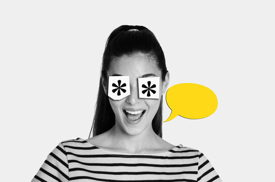 A young woman expresses happiness with a big smile while wearing a striped shirt. She has unique designs over her eyes and a speech bubble near her mouth.