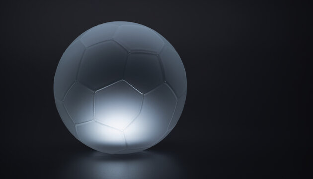 Glass soccer ball frosted glass glowing ball minimal design dark background modern sport luminous object abstract sphere studio lighting 3d render soccer football transparency reflection highlight