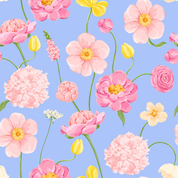Vector Floral Seamless Pattern Featuring Pink Peonies, Yellow Tulips, Snapdragon on Blue Background