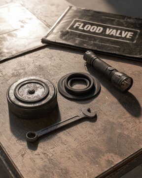 Backflow valve maintenance kit with wrench and flashlight on workbench