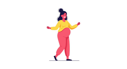 Fototapeta premium A lively flat design illustration of a joyful pregnant woman gracefully dancing, embodying the happiness and vitality of pregnancy. 