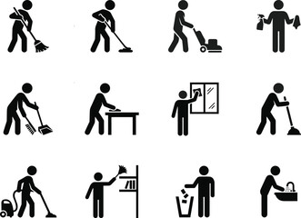 Fototapeta premium Set of professional cleaning service icons depicting various maintenance tasks like sweeping mopping vacuuming and waste disposal isolated