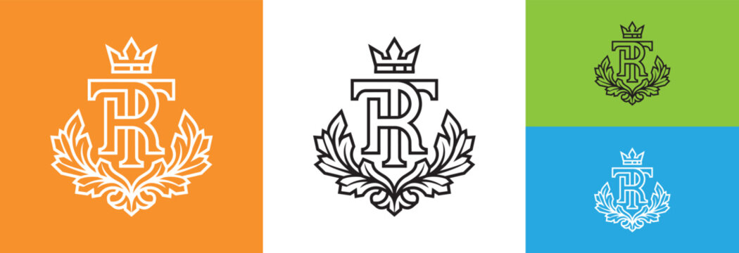 Monogram tr logo with crown and laurel wreath, elegant design.