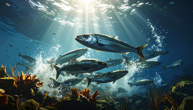 School of fish underwater sunlight