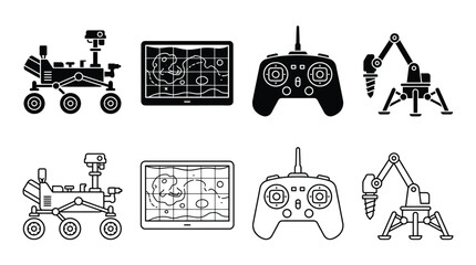 Set of space exploration icons, including mars rover, planet map, remote control, and drilling lander © PixelAura_Studio