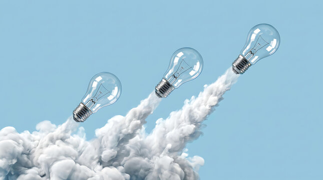 Three clear lightbulbs launching like rockets with heavy white smoke trails