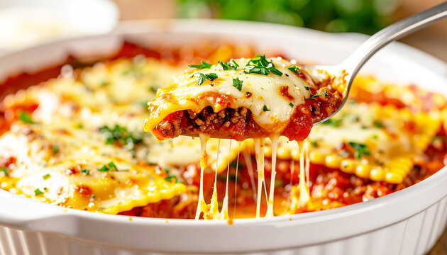 Cheesy baked ravioli casserole, lifted by a spoon, closeup. AI