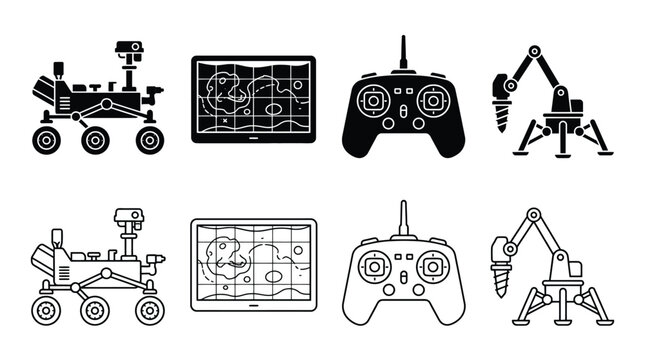 Set of space exploration icons, including mars rover, planet map, remote control, and drilling lander