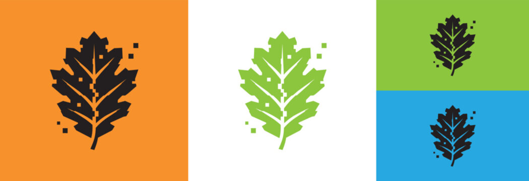Oak leaf logo with digital pixelated effect on orange background.