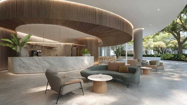 Modern interior design lobby with seating coffee bar and architectural details