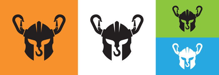 Obraz premium Spartan helmet with carabiners and hook, vector logo on orange background.