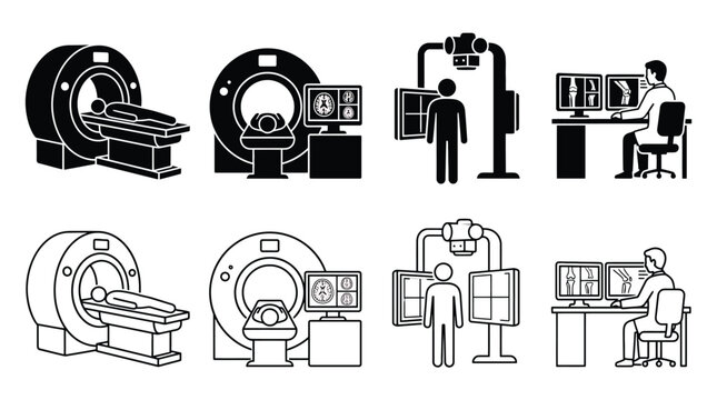 Medical diagnostic imaging icons set, including mri, ct scan, xray, and radiologist analyzing medical images on computer screens, vector illustration