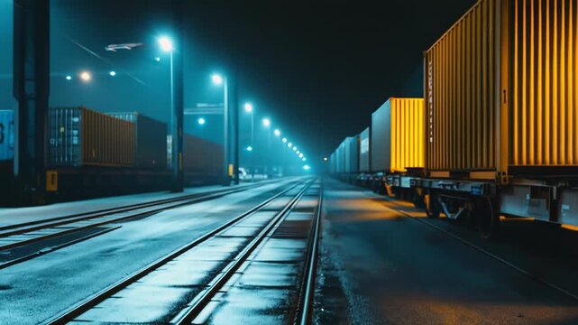 Freight train carrying numerous shipping containers traveling along railway tracks in an illuminated industrial container yard, reflecting bright lights on the wet ground at night