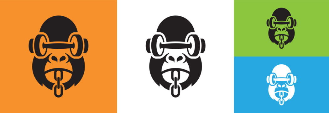 Gorilla head with barbell and chain on orange background, vector logo.