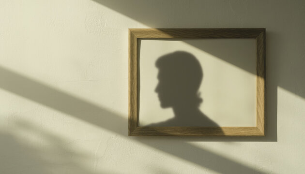 Empty frame shadow portrait surreal wall art, silhouette head profile in sunlight, minimal interior design concept, abstract nostalgia mood
