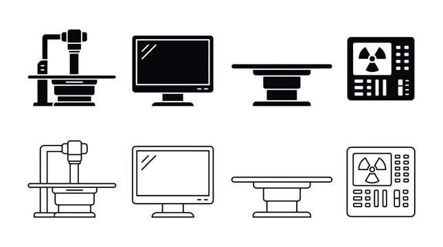 Medical imaging equipment icons set, including xray machine, monitor, examination table, and radiation control panel, vector illustration