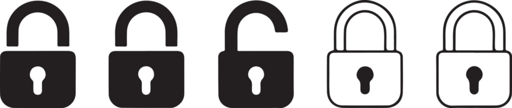 Five different padlock icons in black and white