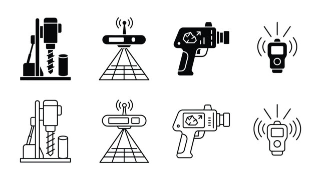 Set of mining and geological survey equipment icons, including drilling rig, ground penetrating radar, rock analyzer, and portable sensor