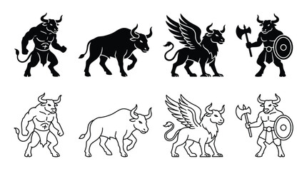 Naklejka premium Set of minotaur and bull icons, mythological creature, warrior with axe and shield, winged bull