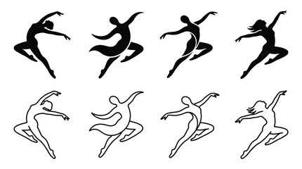 Set of silhouettes of a dancing woman, graceful ballerina in various poses, vector illustration © PixelAura_Studio