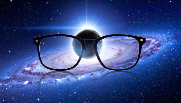 Spectacles floating before a distant planet and swirling galaxy, symbolizing cosmic vision and exploration.