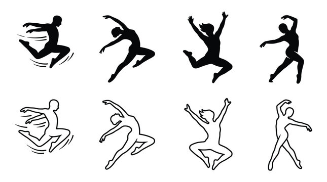 Set of dancing people silhouettes, male and female dancers in various poses