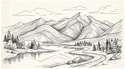 Hand drawn mountain landscape with a lake, pine forest and a winding path vector illustration of a scenic nature view with mountains in the background, sketch style © PixelAura_Studio