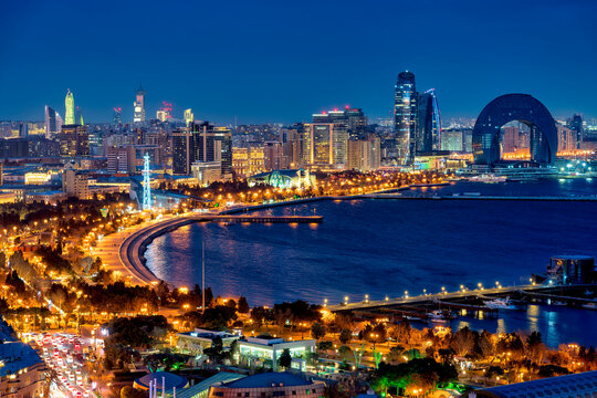 Baku Skyline and Caspian Sea Night Panorama
