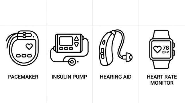 Essential healthcare and medical device outline icon set.