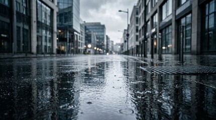 Fototapeta premium Rainy City Street at Noon with Bokeh Reflections