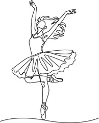 Elegant single line drawing of a graceful ballet dancer performing a pirouette en pointe with flowing hair and tutu © Ranasa