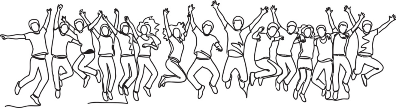 A diverse group of energetic people jumping for joy in a celebratory freestyle drawing
