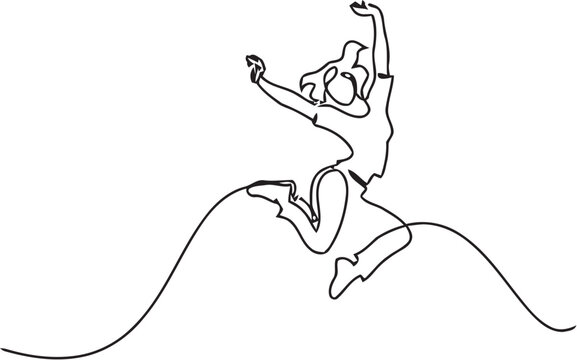 Continuous line drawing of a joyful person jumping in the air with arms raised up high celebrating